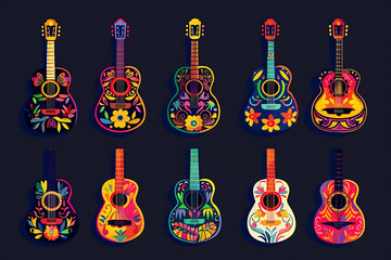 Cartoon Mexican guitars, vector latin music instruments of mariachi musicians with bright flower patterns, Calavera skulls and Mexico ethnic ornaments. 