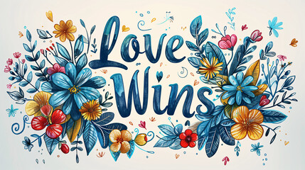 Motivational phrase "Love Wins" in line art style with a decorative floral border