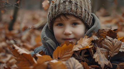 Cozy Autumn moment. Cute child in warm clothing smiling amidst fallen leaves in the forest, enjoying the beauty of the fall season.