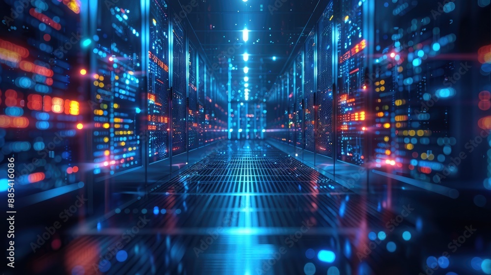 Poster futuristic server room with glowing led lights and high-tech data systems, showcasing advanced techn