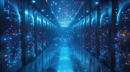 Futuristic server room with glowing blue lights, representing advanced technology and data processing in a digital environment.