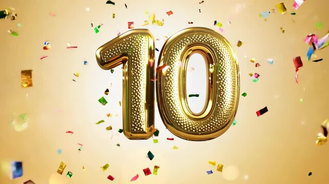 Golden number 10 on a background of confetti and gifts.
Concept: anniversary celebration, success achievement, party template