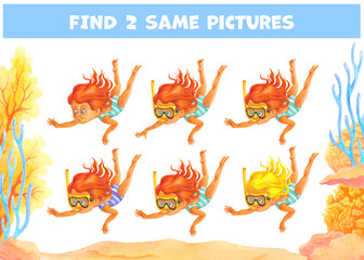 Little girl in a striped swimwear dives between corals. Find two identical pictures. Educational matching game with cartoon character. Logic game for children, learning card. Watercolor illustration