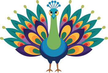 Fototapeta premium A vibrant illustration of a colorful peacock with intricate and detailed feathers against a white background.