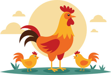 Vector illustration of a colorful rooster and chicks in a nature scene with warm sunlight and clouds.
