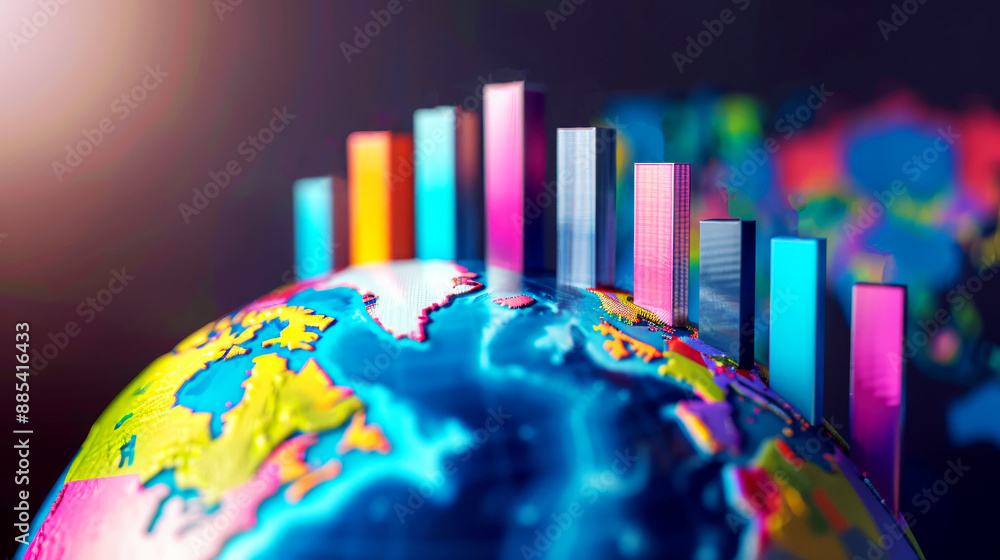 Aufkleber 3d illustration of a bar graph on top of the globe. the bars are in various colors and heights, repr