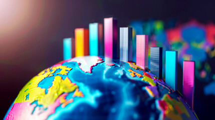 3D illustration of a bar graph on top of the globe. The bars are in various colors and heights, representing different values or data sets. The globe is blue and green, representing the Earth.