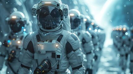Fototapeta premium Group of astronauts in futuristic spacesuits, standing in line on an alien planet filled with glowing blue light.