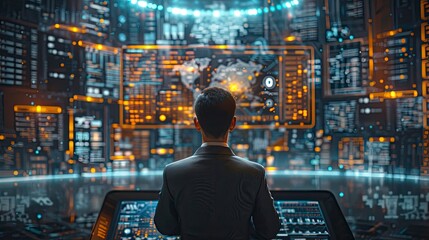 A businessman analyzing blockchain analytics and cryptocurrency market trends on a large digital display, highlighting the real-time data analysis and decision-making in financial markets.