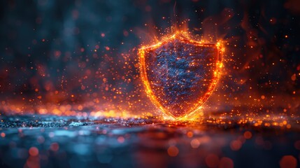 Glowing shield made of fire particles representing digital security and protection in a dark, ethereal background.