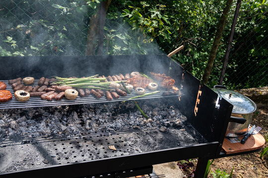 Smoke rising from a barbecue grill in a leafy garden