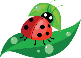 Obraz premium Vibrant illustration of a red ladybug resting on green leaves with water droplets, showcasing nature and insect life.