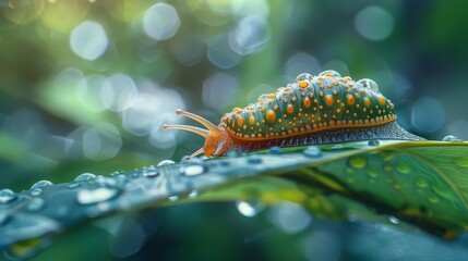 Close-up of a slug moving on a wet tropical leaf, rainforest ambiance