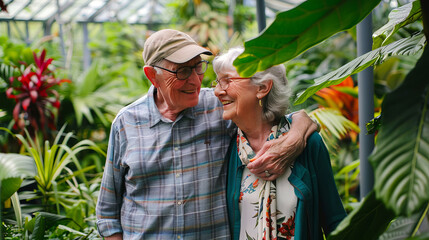Senior couple exploring a botanical garden, walking arm in arm and smiling, surrounded by diverse plant species, representing love and adventure.
