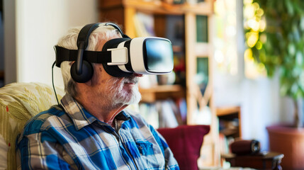Senior man using a virtual reality headset at home, exploring new technology with a look of wonder and excitement, representing curiosity and tech-savvy.