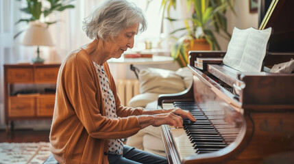 Senior woman playing the piano in a cozy living room, surrounded by warm lighting and family photos, showcasing her passion for music and dedication to her hobby.