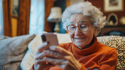 Senior woman using a smartphone to video call family, smiling and sitting in a cozy living room.