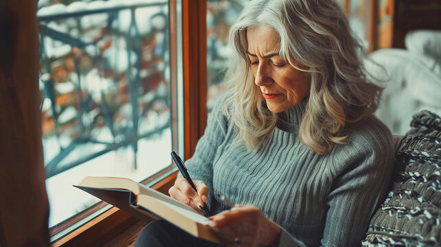 Senior woman writing in a journal by the window, surrounded by a peaceful winter scene.