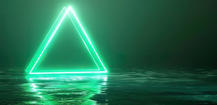 a neon green triangular lamp with a black background