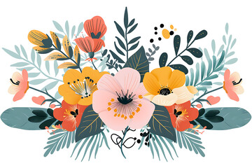 Fototapeta premium Beautiful blooming composition with leaves and stem isolated on white. Flowering plants and herbs.