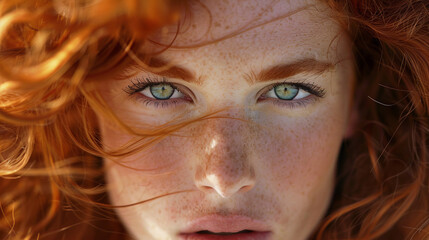 Portrait of a girl with red hair, close-up, her green eyes glow, freckles emphasize her natural beauty, and thick red curls gently fall over her shoulders.