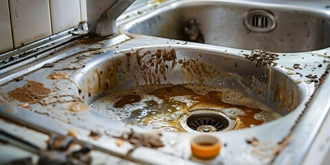 Detailed inspection of clogged kitchen sink identifying visible blockage for maintenance. Concept Clogged Kitchen Sink, Visible Blockage, Detailed Inspection, Maintenance, Plumbing