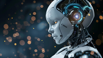 Portrait of an AI robot, its eyes glow with a cold blue light, a metal face with sensors and sensors emphasizes its advanced intellectual abilities.