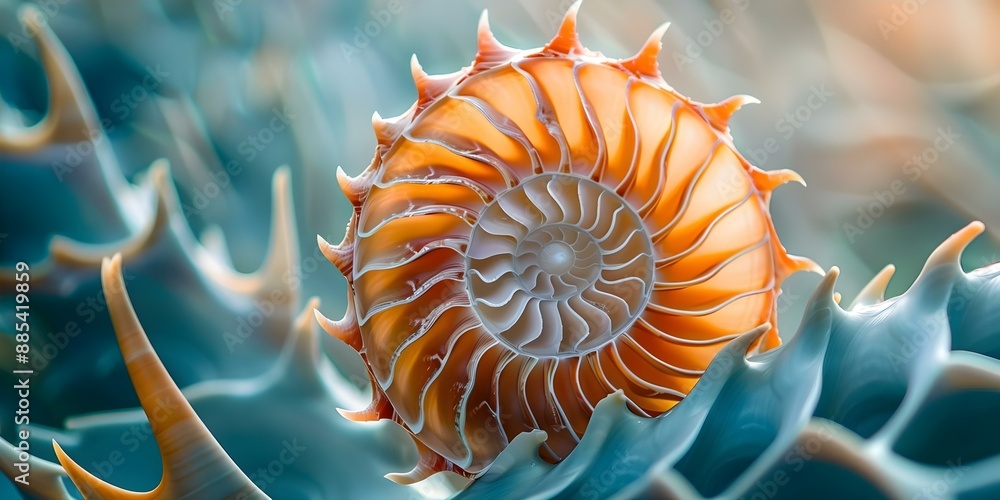 Aufkleber close-up photo of nautilus shells showcasing spiral symmetry, fibonacci pattern, and vibrant colors.