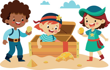 Illustration of happy children dressed as pirates playing with a treasure chest and gold coins on a sandy beach. Fun, adventure, and playful imagination.