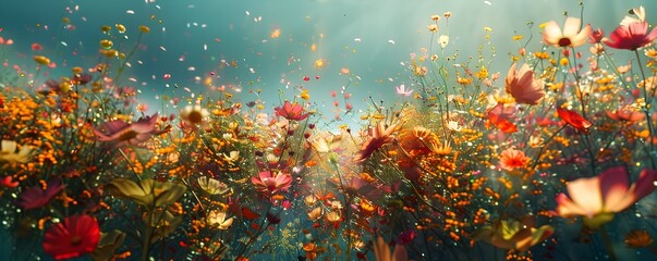 Vibrant Kaleidoscopic Field of Wildflowers in Bloom with Swirling Petals and Otherworldly Glowing