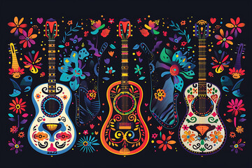 Cartoon Mexican guitars, vector latin music instruments of mariachi musicians with bright flower patterns, Calavera skulls and Mexico ethnic ornaments. 