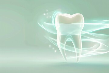 3D Icon Of A White Tooth  With A Swirl Of Light Around It Isolated On A Pastel Green Wallpaper With Copy Space, Concept Of Dentistry, Dental Care