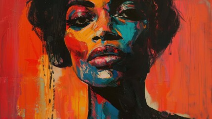  Vivid modernist painting of a woman's face with exaggerated features and vibrant colors...