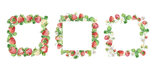 Watercolor straberry set with wreath and frame