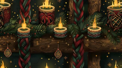 Ornate Christmas Candles in Cozy Fireplace Setting with Decorative Celtic Knot Designs and Rustic Wooden Accents