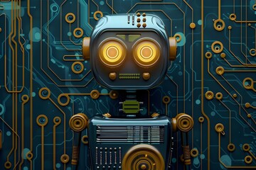 Obraz premium Cute and Futuristic 3D Robot Logo with Abstract Circuit Patterns and Minimalist Design