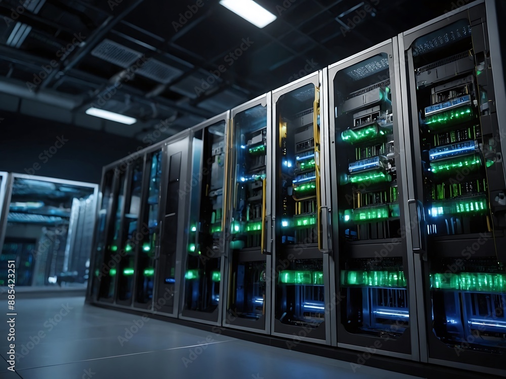 Poster photorealistic d animation of a camera moving through a data center, emphasizing server equipment an