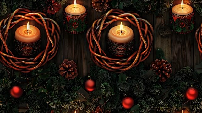 Ornate Christmas Candles in a Cozy Festive Atmosphere with Celtic Knot Patterns and Rustic Accents