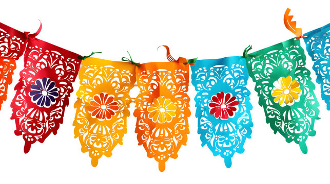 Hispanic Heritage Month papel picado banners, traditional decorative art for cultural celebration, heritage tribute, png file, isolated on white