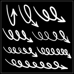 Set of hand-drawn arrows on a black background. Vector illustration.
