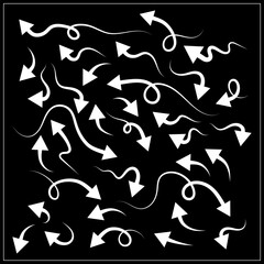Set of hand-drawn arrows on a black background. Vector illustration.