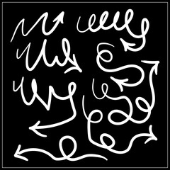 Set of white arrows on black background. Hand drawn vector illustration.