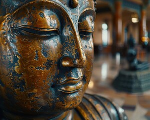 Obraz premium Serene Golden Buddha Statue in Temple - Hyper-realistic 8K Resolution Photo with Intricate Carvings and Peaceful Expression