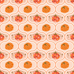 Pumpkins damask seamless pattern. Textured stylized halloween ripe vegetable traditional repeat background. Autumn retro endless design. Vector hand drawn illustration.