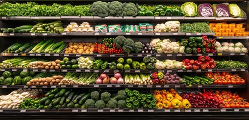 a shelf in a supermarket contains various kinds of vegetables