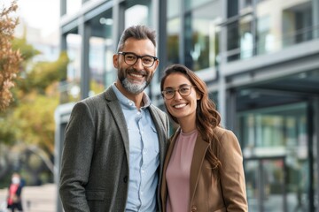 Fototapeta premium Portrait of a glad couple in their 30s dressed in a stylish blazer on modern university campus background