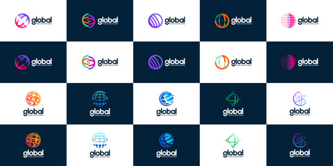 global tech logo collection, modern innovation, science, logo design illustration.