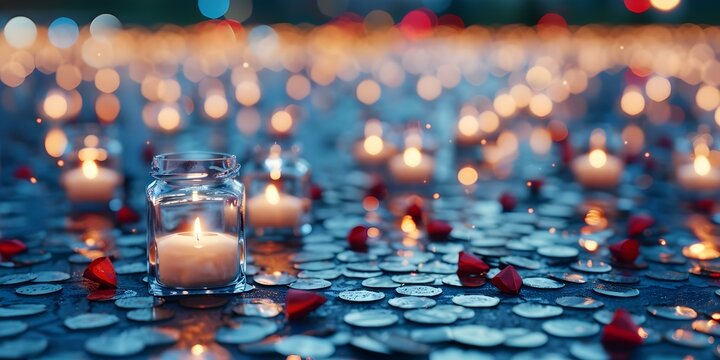 Virtual Veterans Day Celebration Illuminated by Red, White, and Blue Lanterns. Concept Virtual Event, Veterans Day, Celebration, Red, White, Blue, Lanterns