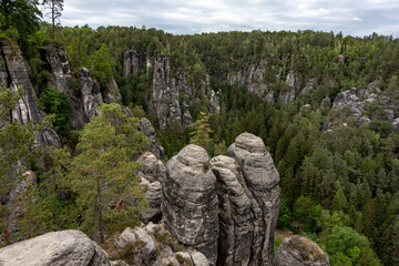 A mountain range with a forest in the background. The trees are green and the sky is cloudy