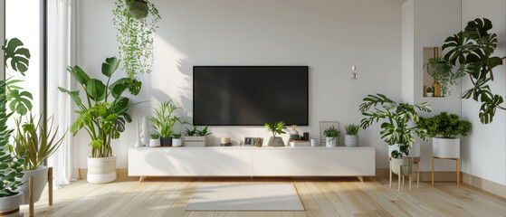 Minimalist Living Room Design with White TV Unit and Refreshing Plants
